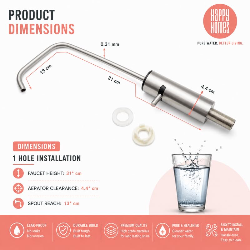 Image of Happy Homes Stainless Steel Faucet Tap - Ideal for Undersink RO Water Purifiers & Kitchen Sinks - Durable Drinking Water Filter Tap (Silver Steel)