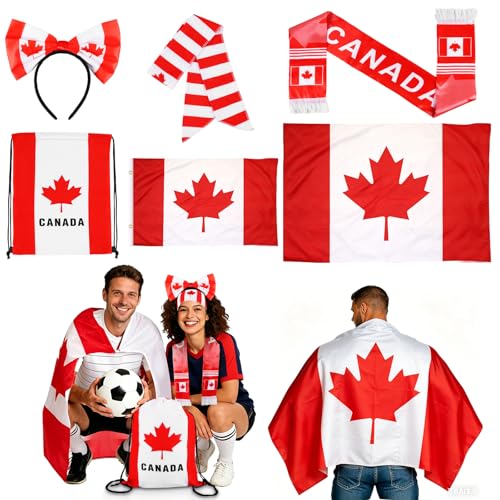 2026 Soccer Fan Gift Set, Canada Flag Patriotic Accessories Bundle Includes Flag, Cape, Headband, Scarf, Hair Hoop, Drawstring Bag for World Cup, Sports Events, Party, Parade (Canada) by Achoulei - Used condition - US$11.91