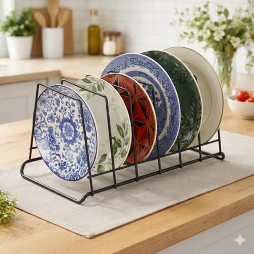 Image of TechSrmaji Heavy 6-Section Stainless Steel Plate Stand | Dish Organizer Rack for Kitchen Cabinet & Countertop | Rust Proof Plate Holder for Dishes, Thali & Lids (6-Section) Black