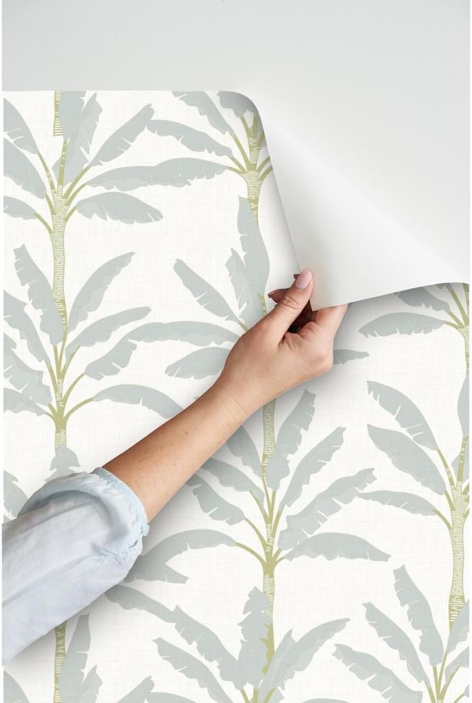 Peel & Stick Wallpaper 3ft x 2ft - Modern Coastal Pastel Mint Palms Large Green Nature Beach Custom Removable Wallpaper by Spoonflower