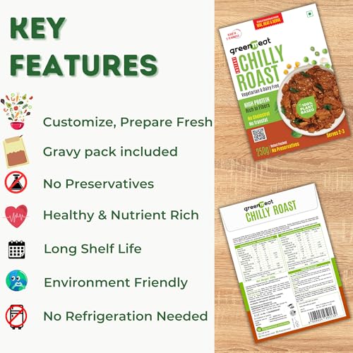 Image of Greenmeat Chilly Roast - Instant | Ready in 5-10 Minutes | 100% Plant Based & Vegetarian | Protein & Fiber Rich | Low Fat & Zero Cholesterol | No Preservatives | Pack of 1 (250g)