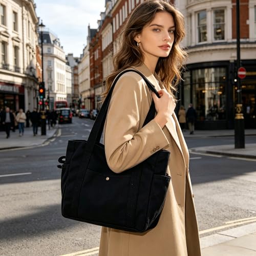 Bolso Tote grande de lona con cremallera y bolsillos negro miniatura 2