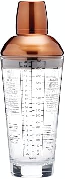 BarCraft BCLLBOSTON700 Recipe Cocktail Shaker with Measurements, Glass / Stainless Steel, Copper Finish, 650 ml