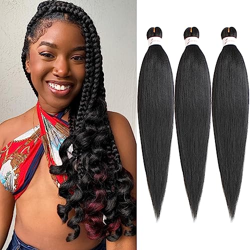 Leeven 16 Pouces Pre Stretched Braiding Hair Black Kanekalon 3 Packs EZ Braiding Hair Crochet Braiding Hair Extensions /1B
