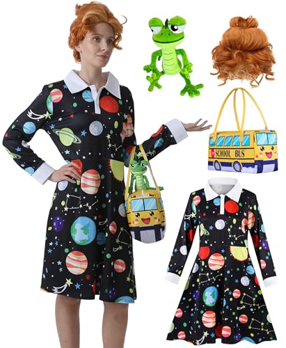 4 Pcs Ms Frizzle Dress Costume Women Teacher Halloween Costume Set with Wig School Bus Bag Plush Toys Accessories Set (Black Dress with Wig Large)