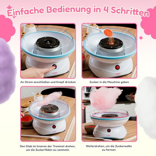 CANDY LAMA Zuckerwattemaschine für Zuhause | Cotton Candy Machine mit Stäbchen und Messlöffel | Zuckerwatte Maschine 400 Watt - Große Schale & Spritzschutz | Ideal für Kinder Party & Events