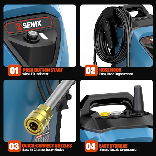 SENIX 2000 PSI Electric Pressure Washer, 1.2 GPM Compact Power Cleaner w/ 4 Nozzles, 25ft Hose & 35ft Cord. Portable High-Pressure Sprayer for Cars, Driveways, Patios, Decks & Home Outdoor Use - Image 7