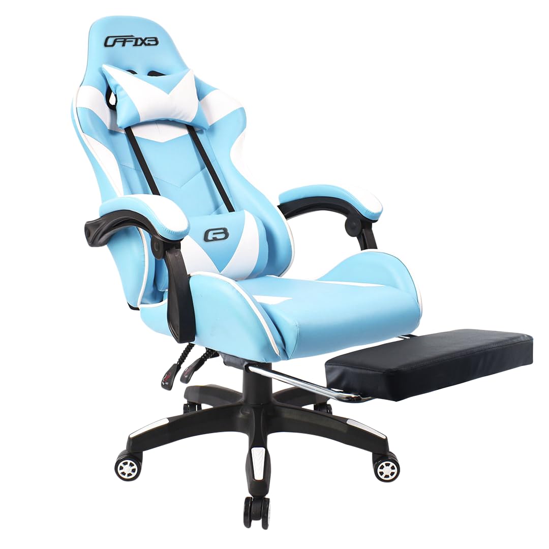 Mediawave Store - Sedia da Gaming Ergonomica, da Ufficio AZRACE in Ecopelle con Poggiapiedi Poltrona Sedile Sport di Lusso, con Braccioli e Poggiatesta Cuscino Lombare, Sedia PC (Azzurro)