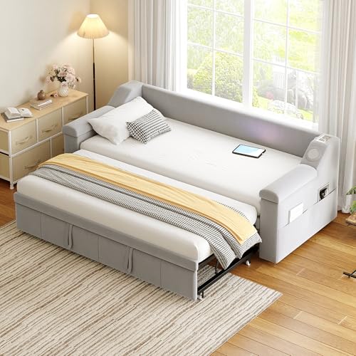 LZPUOUI Estructura de Cama Nido de Terciopelo 90x190cm con Sistema de Audio Bluetooth como Marco de Dia Extensible con Sistema de Altavoces y Base de Soporte para Somier de Dormitorio Gris Claro