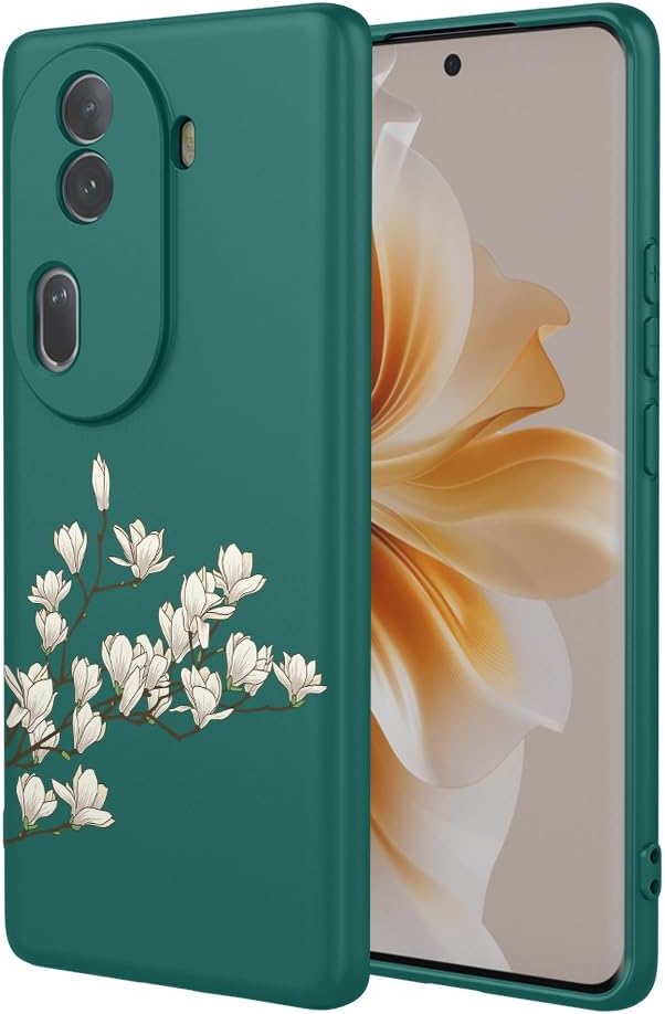 for Oppo Reno 11 5G Case – Liquid Silicone Magnolia Pattern TPU Smooth Gel Protective Case with Camera Protection, Shockproof Shell, and Microfiber Lining, Dark Green