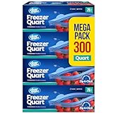 Quart Freezer Bags - Double Zipper Seal -300 Count, (4 Packs of 75) Resealable Plastic Freezer Containers - Reusable Pouches for Food Storage, Meat, Fresh Vegetables, Fruit - Microwave-Safe, BPA Free