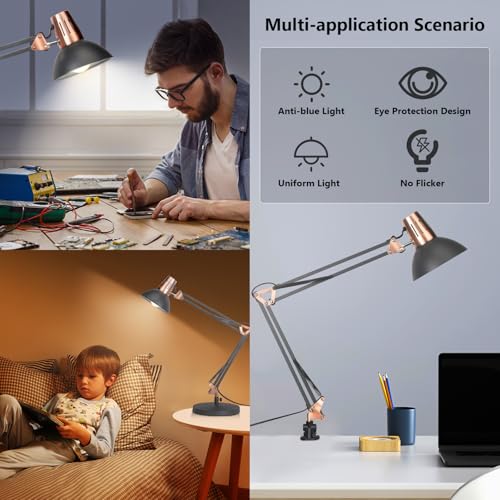 Image of FIRVRE Black Retro Metal Swivel Arm Desk Lamp Adjustable Architect Morden Table Lamp High Task Lamp with Switch for Bedroom Study Room Home Office