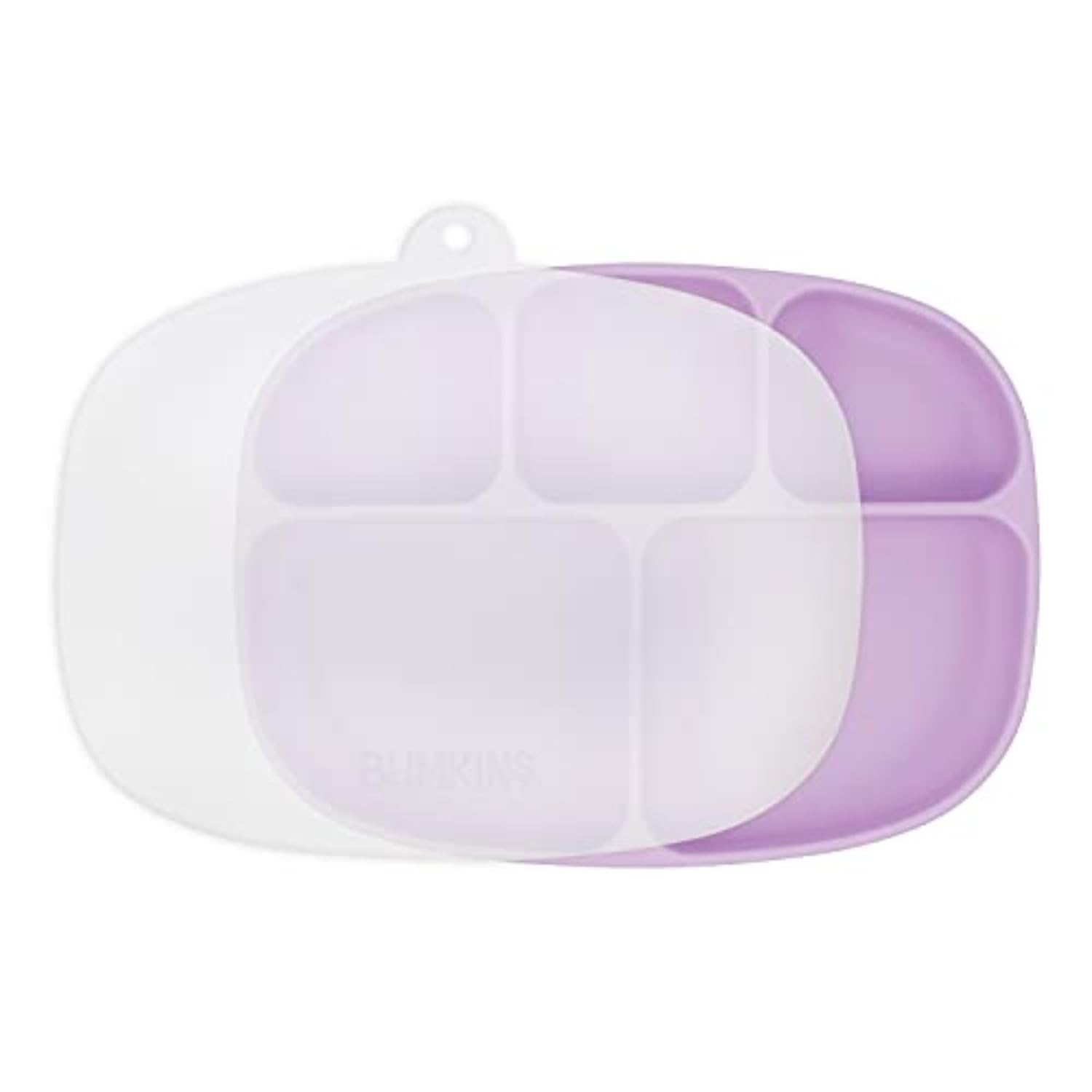 Bumkins Toddler and Baby Suction Plate, Silicone Divided Grip Dish and Lid, Large 5-Section Tray for Kids, Essentials in Children Feeding Supplies, Non Skid Stick Bottom, Ages 6 Months Up, Lavender