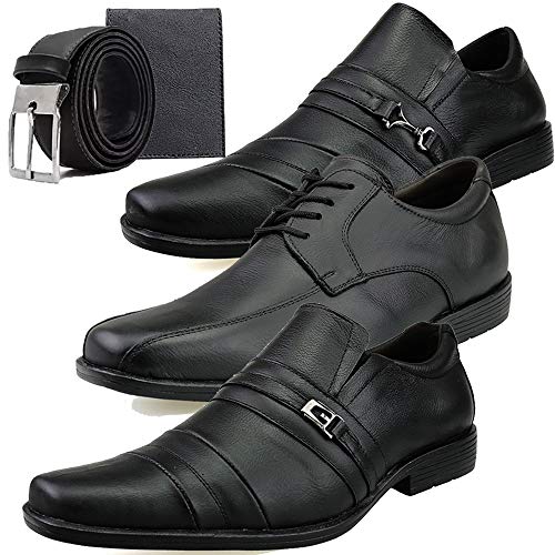 Kit 3 Pares Sapato Social em Couro Masculino Preto com Cinto e Carteira