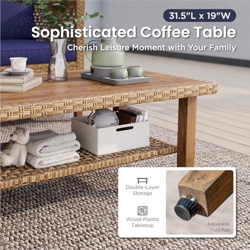 Image of PHI VILLA Sectional Outdoor Couch, L-Shaped Wicker Patio Sofa Set, Small Rattan Patio Furniture Set with Acacia Wood Coffee Table for Deck Porch, 4 Seats, Navy Blue Cushion