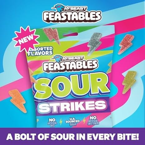 MrBeast Feastables Sour Strikes Fruit Gummies, 12 Count, Fairtrade Sugar | Watermelon, green apple, strawberry, raspberry assorted candy, ships cold, no artificial dyes or sweetener, clean ingredients
