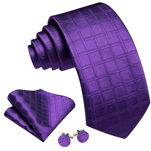 Image of Barry.Wang Plaid Ties Check Mens Necktie Set with Handkerchief Cufflinks Classic Stripe