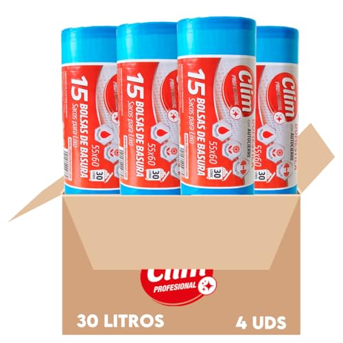 Clim Profesional 60 Bolsas de Basura Azules Perfumadas con Autocierre Cubo Doméstico de 30 litros. Rollo 15 uds. Pack 4 rollos 55x60 cm