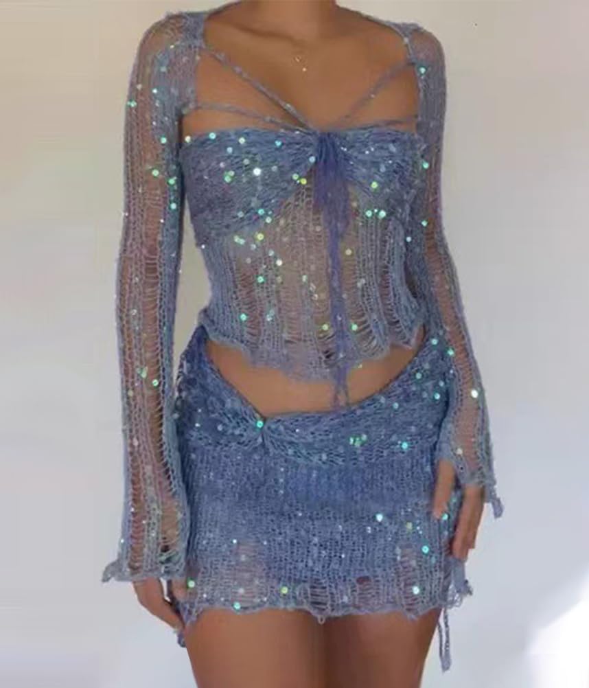 ORANDESIGNE Gonna Set in Maglia di Donne in Paillettes 2 Pezzi Scintillanti Scava Fuori Manica Lunga Crop Top Mini Gonna Abiti Sexy Y2K Gonna Copricostume da Spiaggia