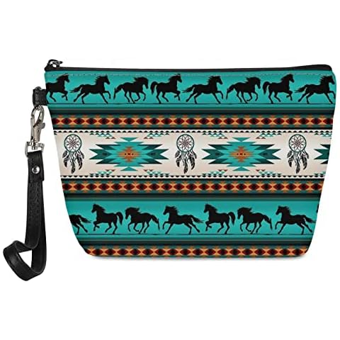 SCRAWLGOD Travel Cosmetic Bag Navajo Horse Native American Print Lightweight PU Leather Zipper Makeup Bag for Purse Cover