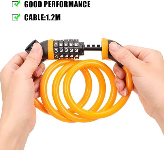 5 Digit Combination Resettable Bicycle Lock - 12mm x 120cm Steel Wire Chain, Cycle Chain, Fence, Gates, Door, Rails, Shed, Mounting Bracket, Sport Gear, Anti-Theft Bike Accessory - Yellow