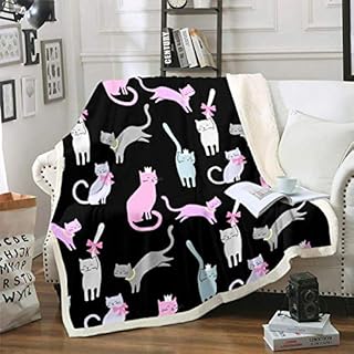 Girly Cute Cat Plush Throw Blanket Cartoon Kitten Pattern Fleece Sherpa Blanket Pet Cats Design Fuzzy Blanket for Sofa Couch Colorful Black Animal Theme Flannel Blanket Room Decor Double 60"x79"