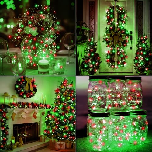 Image of btfarm 12 Pack Fairy Lights Battery Operated [3 Modes], 7ft 20 Led Twinkle Lights String Lights Waterproof Bulk Small Mini Silver Wire for Christmas Mason Jars Wedding Table Centerpiece, Red Green