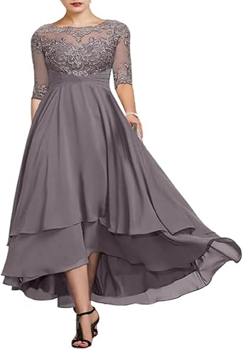 A-Line Mother of The Bride Dress Asymmetrical Ankle Length Chiffon Lace Half Sleeve with Beading Ruffles Appliques