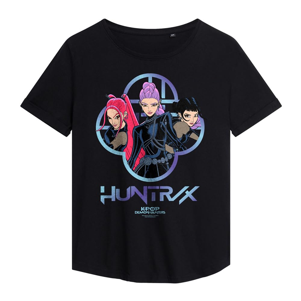 Kpop Demon Hunters Huntrix Girls Logo Ladies Fashion T Shirt, Black, Small