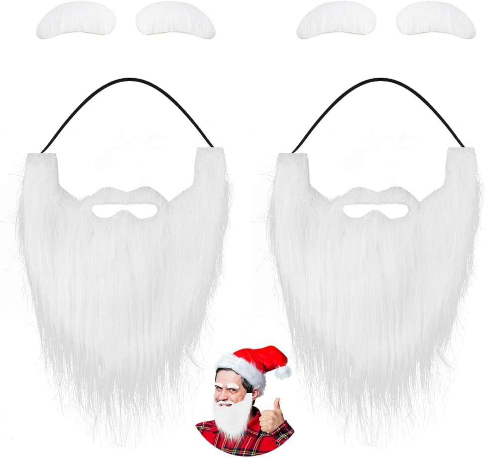 2 Sets Santa Beard Eyebrow and Hat Set Christmas Costume Claus White Self Adhesive Eyebrows Fake Mustache Funny Accessories Whisker Party Cosplay