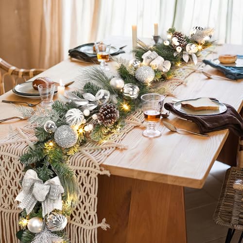 GarveeHome 6 Ft Pre-Lit Christmas Garland with Lights, Battery Operated Xmas Garland with 20 Lights Ball Ornaments Ribbons Bows for Mantle Table Centerpiece Indoor Outdoor Home Decor, Silver