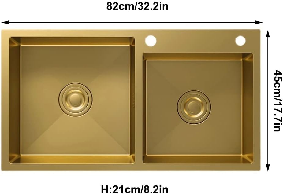 Large Gold Double Bowl Bar Prep Sink Home 304 Stainless Steel Kitchen Sink RV Sink Drop-in Or Undermount (Color : Gold-1, Size : 80x45x22cm) (Gold3 82x45x22cm)