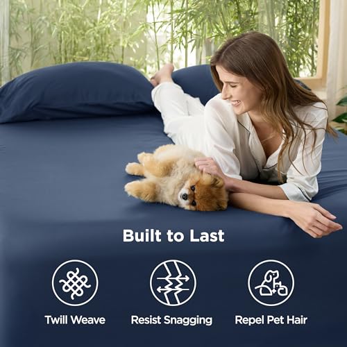 Image of Bedsure PureWoven Full Size Fitted Sheet, 100% Rayon Derived from Bamboo | Cooling Bottom Sheet for Hot Sleepers, Breathable & Soft, Deep Pocket Up to 18 inch, Secure Elastic Corner Straps, Navy