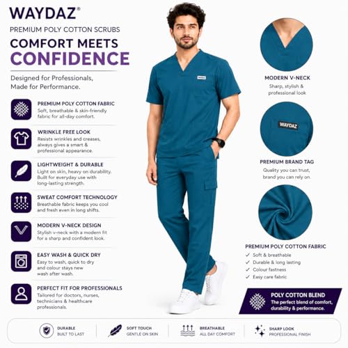 Image of Unisex Medical Scrub Suit Set, V-Neck Top with Pants, Short Sleeve, Polyester Cotton Blend, 7 Pockets, Regular Fit, Hospital Doctor Nurse Uniform