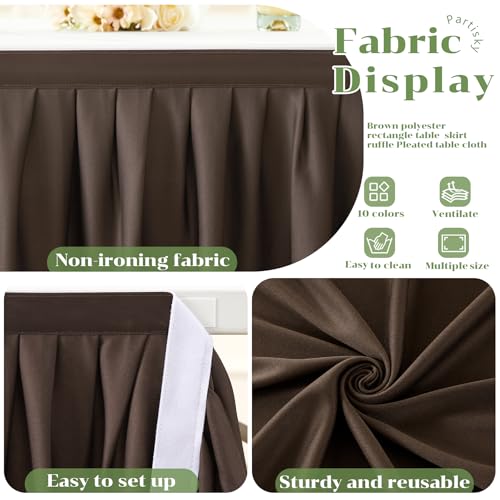 Partisky Chocolate Brown Polyester Table Skirt for Rectangle Tables 6ft, Wrinkle Resistant Pleated Ruffle Table Cloth for Banquet Wedding Trade Baby Shower Display Gift Dining Table