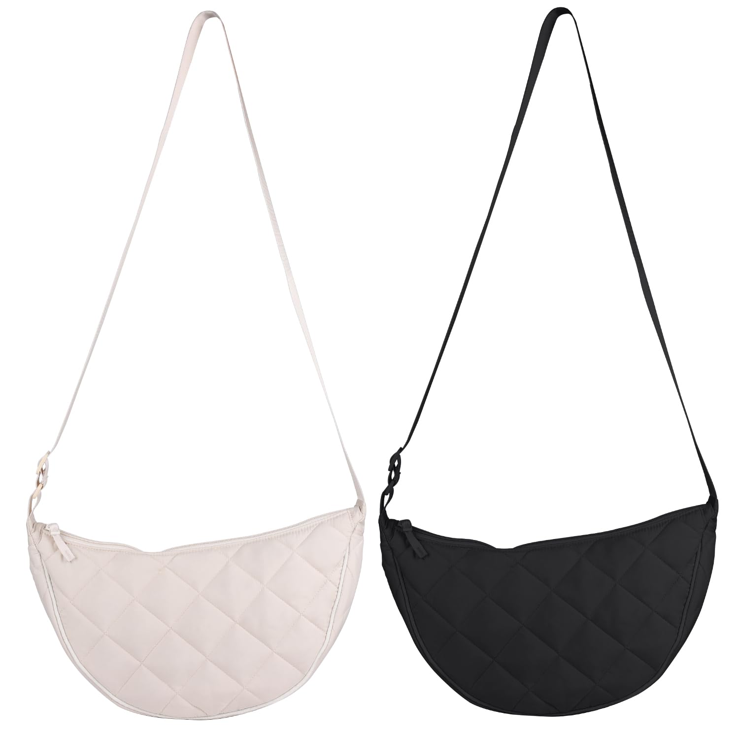 Crossbody Bag Hobo Crescent Bag with Mesh Storage, Women Men Shoulder Purse Dumpling Bag Adjustable Strap (Y-small quilted-beige+black)