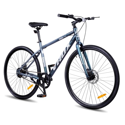 Image of Vaux City-Pro 700C Hybrid Cycle for Men, 19 Inch Hi-Ten Steel Frame, Dual Disc Brake, 700x35C Tyres, Double Wall Alloy Rims, City Bike(Grey-Blue, Single Speed, Rigid Fork)
