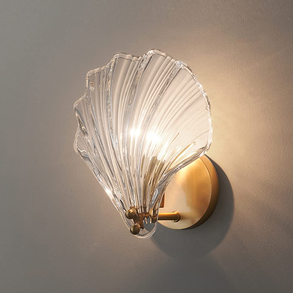 OLSKFUH Wall Lamp, Shell Wall Sconce With Cognac Glass Shades Wall Light In Brushed Brass Finish All-Copper Bedroom Sconce Bathroom Vanity Light Fixture,Indoor Wall Light,A