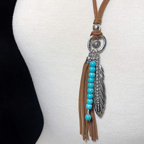 Gypsy Jewels Long Faux Suede Tassel Fringe Simulated Turquoise Stone Western Style Unique Necklace (Brown Feather) - Image 4