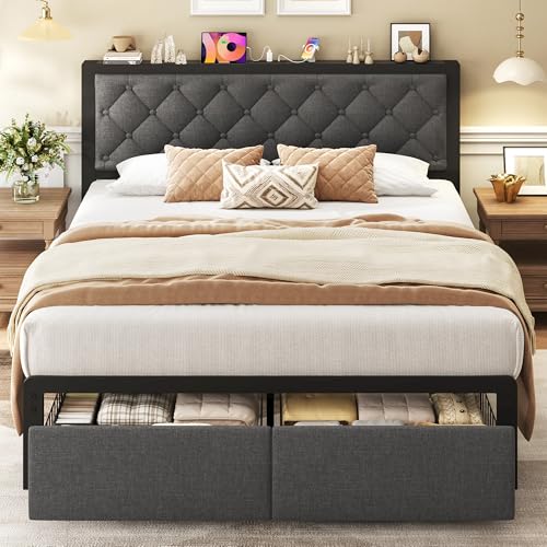 Image of Fluest Queen Bed Frame with 2 Storage Drawers, Upholstered Headboard Button Tufted Bed Frame with Charging Station, No Box Spring Needed, Noise-Free, All Metal Structure, Grey