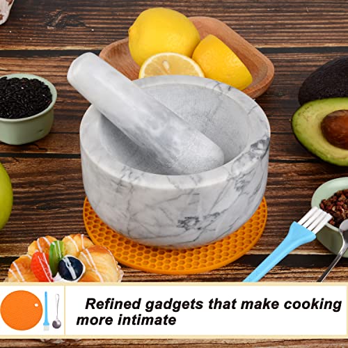 Mortar And Pestle Set Polished Natural Marble Stone Guacamole Molcajete Bowl With Base Silicone Pad,Matching Stainless Spoon And Matching Small Brush (Large, White Gray) #TOP3