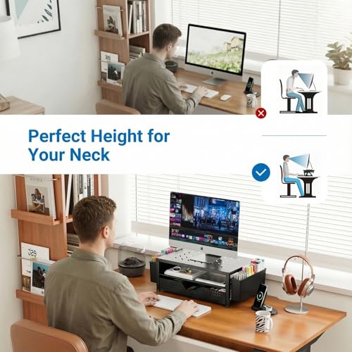Image of OPNICE Laptop Stand Desk Organizer, 2-Tier Metal Monitor Stand Riser with Drawer & 2 Pen Holders, Ventilated Perforated Steel Top, Office Desk Accessories for Home Office, Black