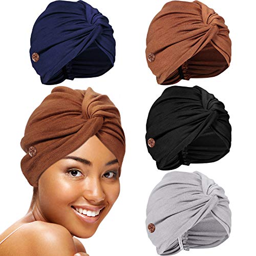 Syhood 4 Pieces Women Turbans Pre-Tied Knot Headwraps Pleated Turban African Headwraps (Black, Dark Blue, Khaki, Beige)