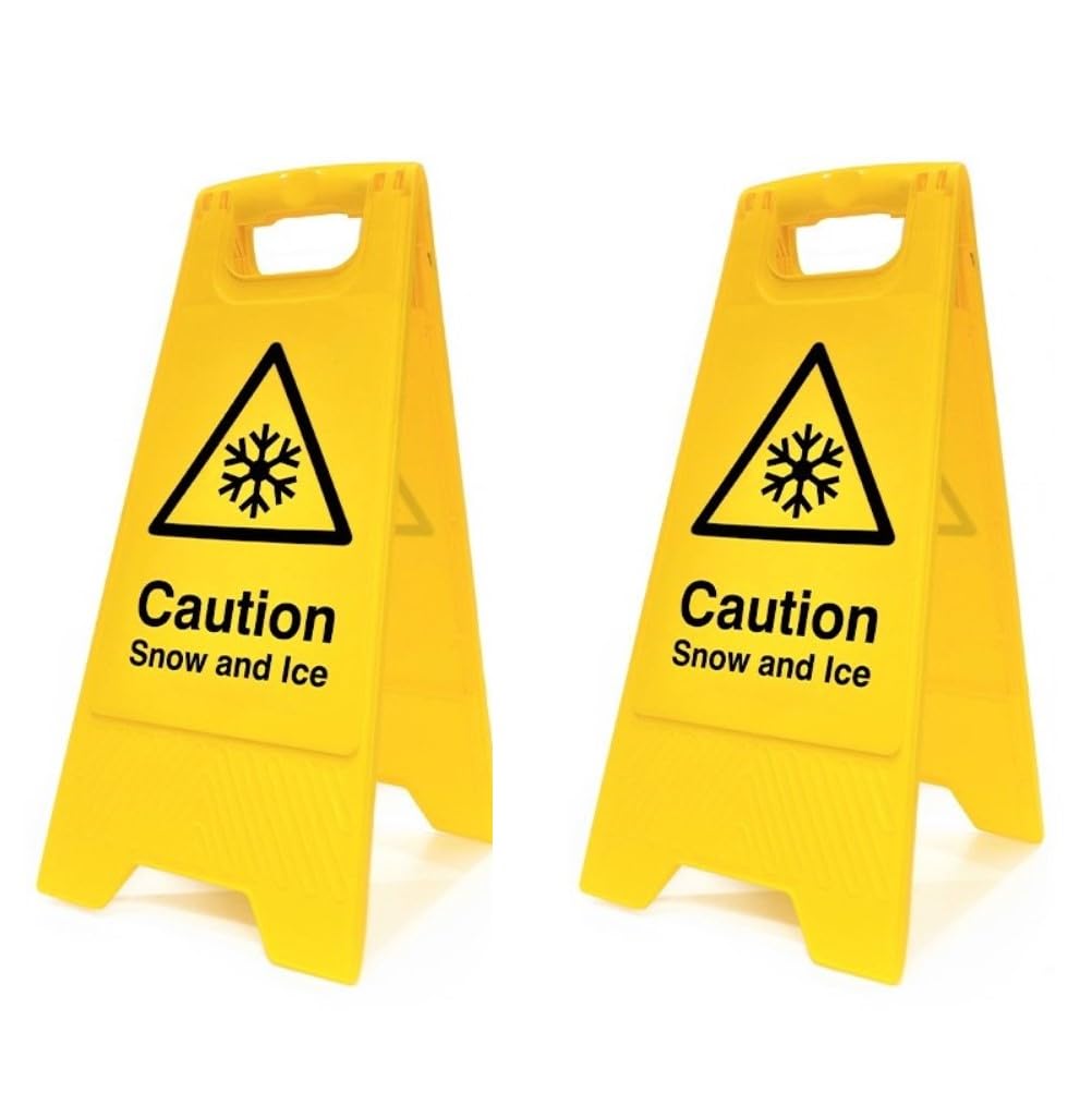 Caution Snow And Ice Floor Sign - Pack of 2 | Double-Sided Safety Warning Sign | Foldable A-Frame, High Visibility | Winter & Outdoor Safety