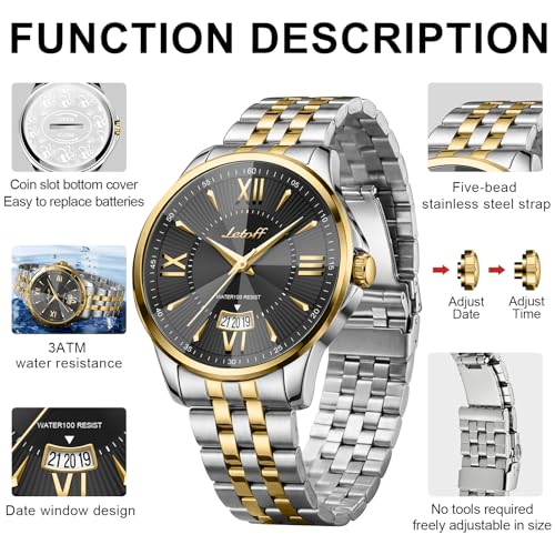 Image of Letoff Men's Analog Watch,Tool-Free Adjustable Clasp, Water Resistant 100ft, Roman Numeral Dial, Stainless Steel Case & Strap, Perfect for Business & Casual Wear