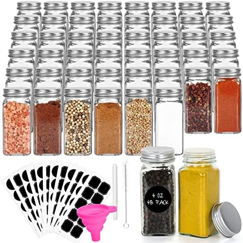 BIGIVACA 48 Pack 4 oz Clear Glass Spice Jars,Empty Square Spice Bottles,Glass Seasoning Jars,Spice Containers with Aluminum Caps,Shaker Lids,1 Pen,120 ...