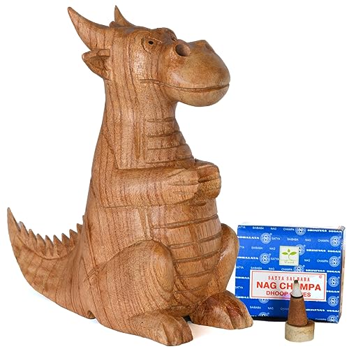 Brûleur d'encens Dragon en bois sculpté à la main avec 12 cônes Nag Champa Insense – Dragon fumant des narines