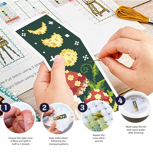 Image of FREEBLOSS 6 Set Cross Stitch Bookmark Kit Stamped Cross Stitch Kit Mushroom Bush Embroidery Set with Instruction for Adults 8''*2.4''