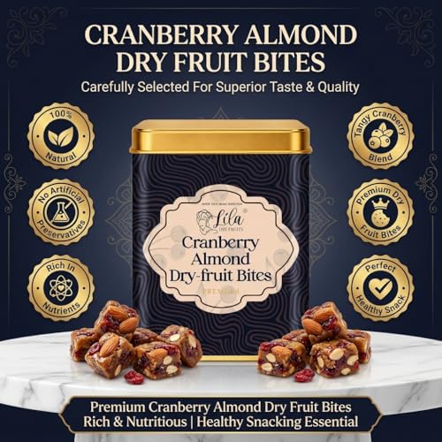 Image of LILA DRY FRUITS Dry Fruit Bites 200 gms Cranberry Almond Dry Fruits Barfi | Dates, Almonds & Dried Cranberries with Desi Ghee | Soft Energy Snack Bites Natural Sweet Snack for Anytime Munching Perfect for Gifting