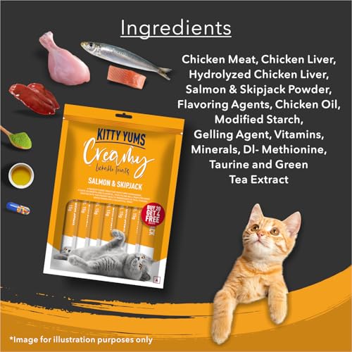 Image of Kitty YUMS Kitten & Adult Creamy Lickable Cat Treats 360g (15g x 24 Pieces) | Salmon & Skipjack Flavour | Rich in Protein | Taurine for Heart | Ideal for Training and Bonding | Promotes Hydration